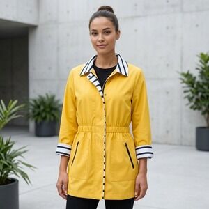 Zenergy by Chicos Yellow Lightweight Jacket Cinched Waist Striped Trim Size 0/XS